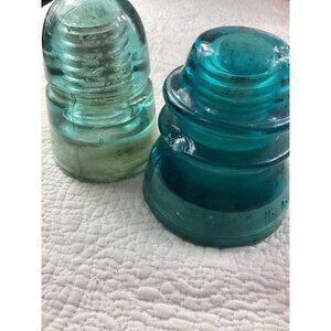 Lot of 2 Vintage Glass Telephone Pole Insulators Green & Teal For Collectors